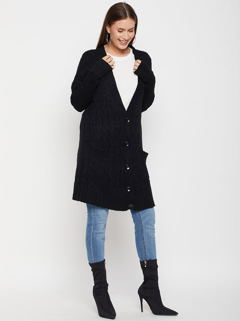 Women Woolen Buttoned V-Neck Stylish Party Winter Wear Coat Cardigan Sweater with 2 front pockets
