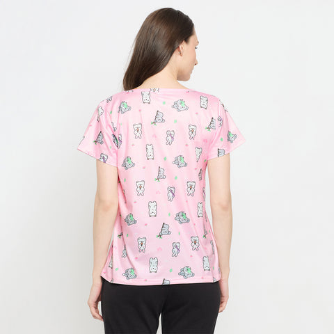 Women Polyester Elastane Printed Short Sleeves Round Neck T-Shirt