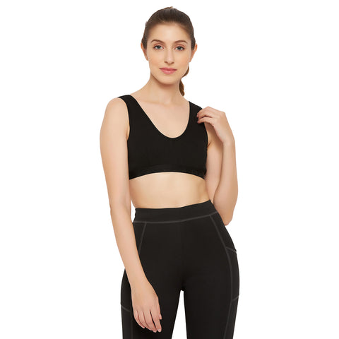 Womens Non Padded Non Wired Solid Full Coverage Black Sports Bra - Camey Shop