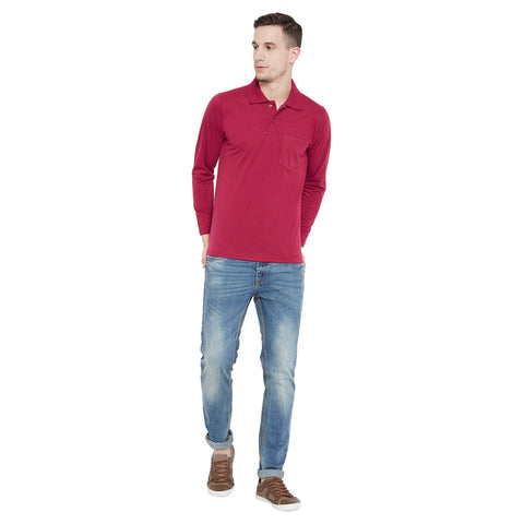 Men's Dark Pink Full Sleeves Cotton Polo T-Shirt - Camey Shop