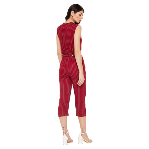 Women Printed Crepe Sleeveless Red Jumpsuit - Camey Shop