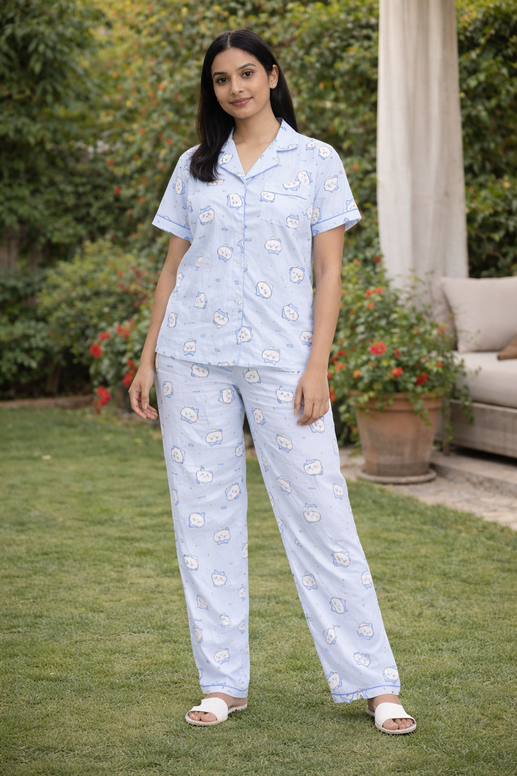 Women Night Suit Soft Cotton Printed Pyjama Set with Shirt Collar & Pocket