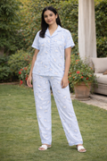 Women Night Suit Soft Cotton Printed Pyjama Set with Shirt Collar & Pocket