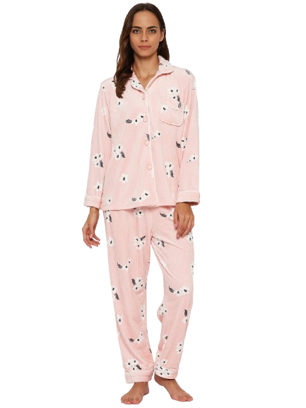 Women's Winter Velvet Full Sleeve Shirt and Pajama Pants Regular Fit Night Suit Shirt collar Top and Pyjama Set Ladies Night Dress