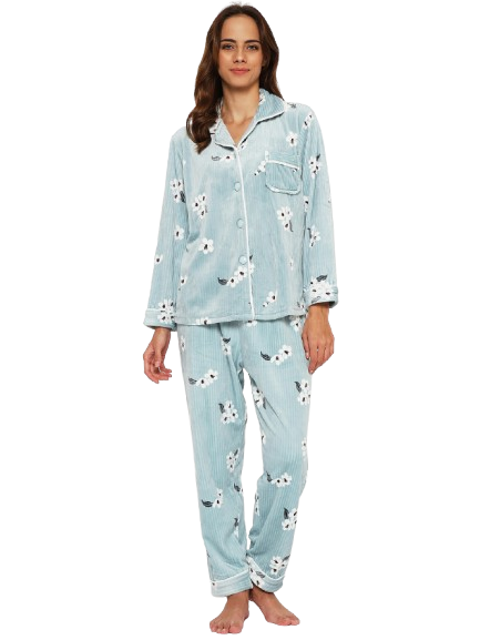 Women's Winter Velvet Full Sleeve Shirt and Pajama Pants Regular Fit Night Suit Shirt collar Top and Pyjama Set Ladies Night Dress