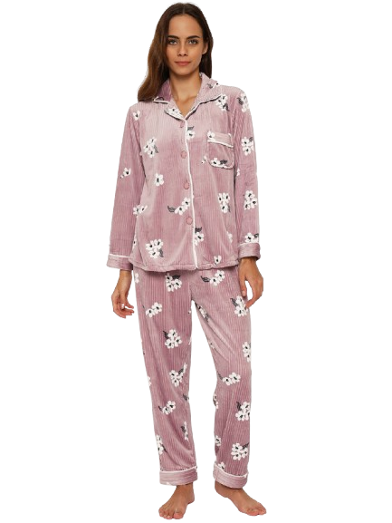 Women's Winter Velvet Full Sleeve Shirt and Pajama Pants Regular Fit Night Suit Shirt collar Top and Pyjama Set Ladies Night Dress
