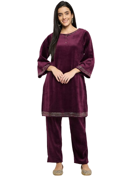 Women's Velvet Winter Kurti Set, Long Sleeves|Winter Velvet Kurti & Pajama Set