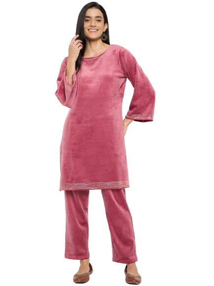 Women's Velvet Winter Kurti Set, Long Sleeves|Winter Velvet Kurti & Pajama Set