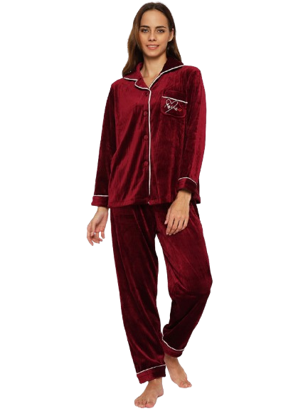 Women's Winter Velvet Full Sleeve Shirt and Pajama Pants Regular Fit Night Suit Shirt collar Top and Pyjama Set Ladies Night Dress