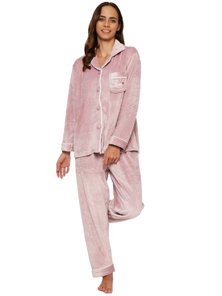 Women's Winter Velvet Full Sleeve Shirt and Pajama Pants Regular Fit Night Suit Shirt collar Top and Pyjama Set Ladies Night Dress