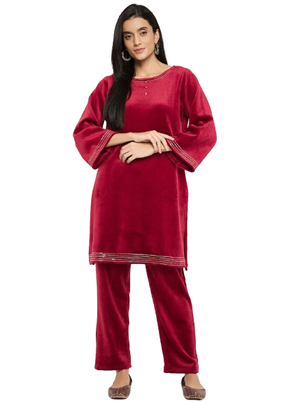 Women's Velvet Winter Kurti Set, Long Sleeves|Winter Velvet Kurti & Pajama Set