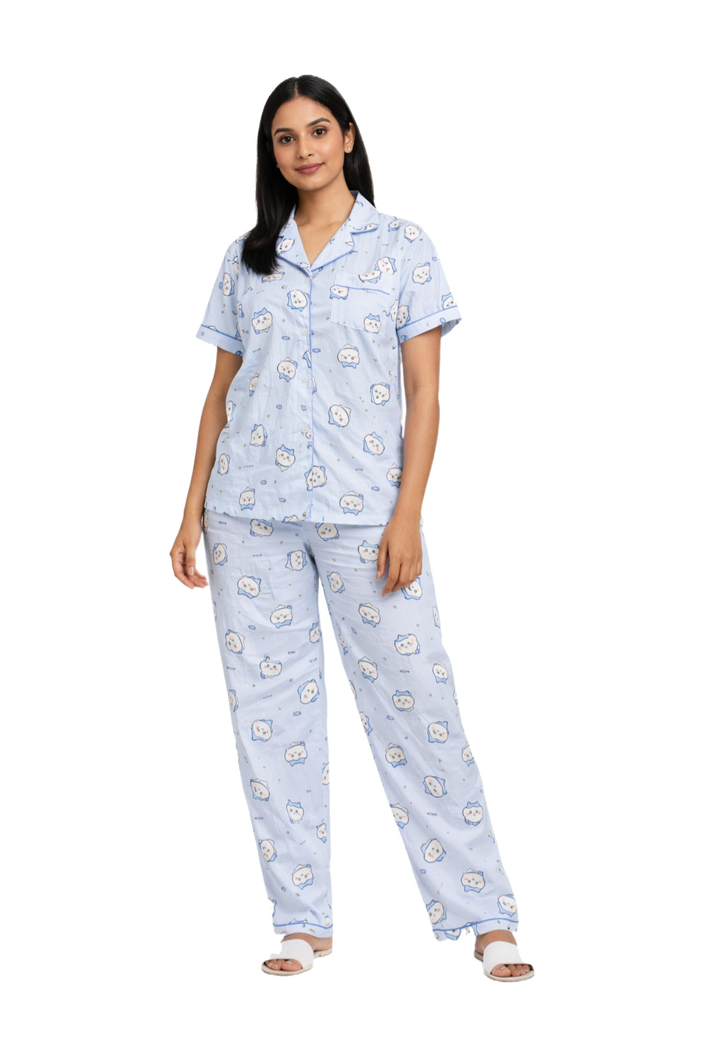 Women Night Suit Soft Cotton Printed Pyjama Set with Shirt Collar & Pocket