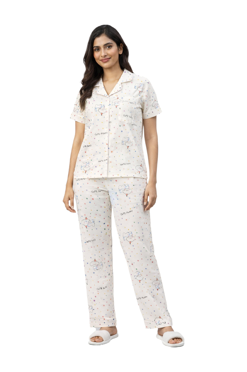 Women Night Suit Soft Cotton Printed Nightwear Set Cute Puppy Print