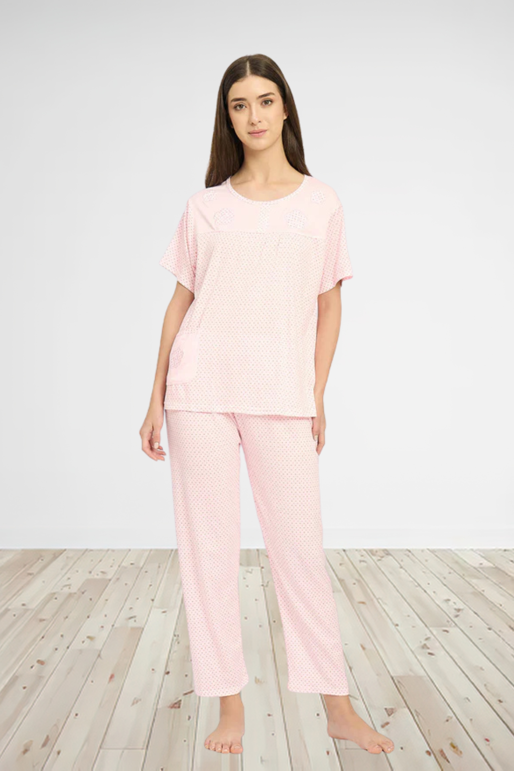 Women Night Suit Pink Polka Dot Printed Pyjama Set | Soft Viscose Night Suit for Women
