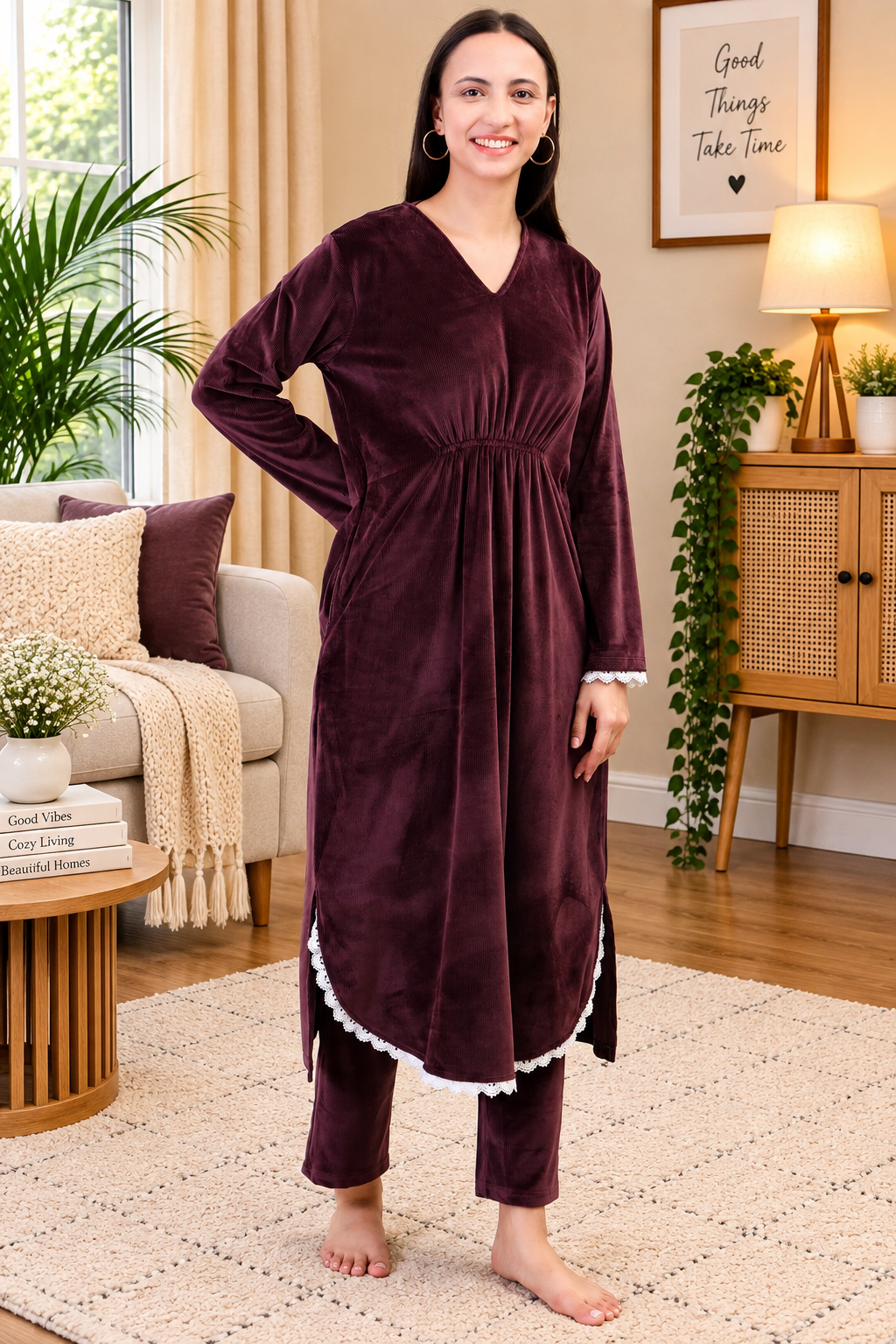 Women's Velvet Winter Corduroy Kurti Set, V-Neck, Long Sleeves (Brown)