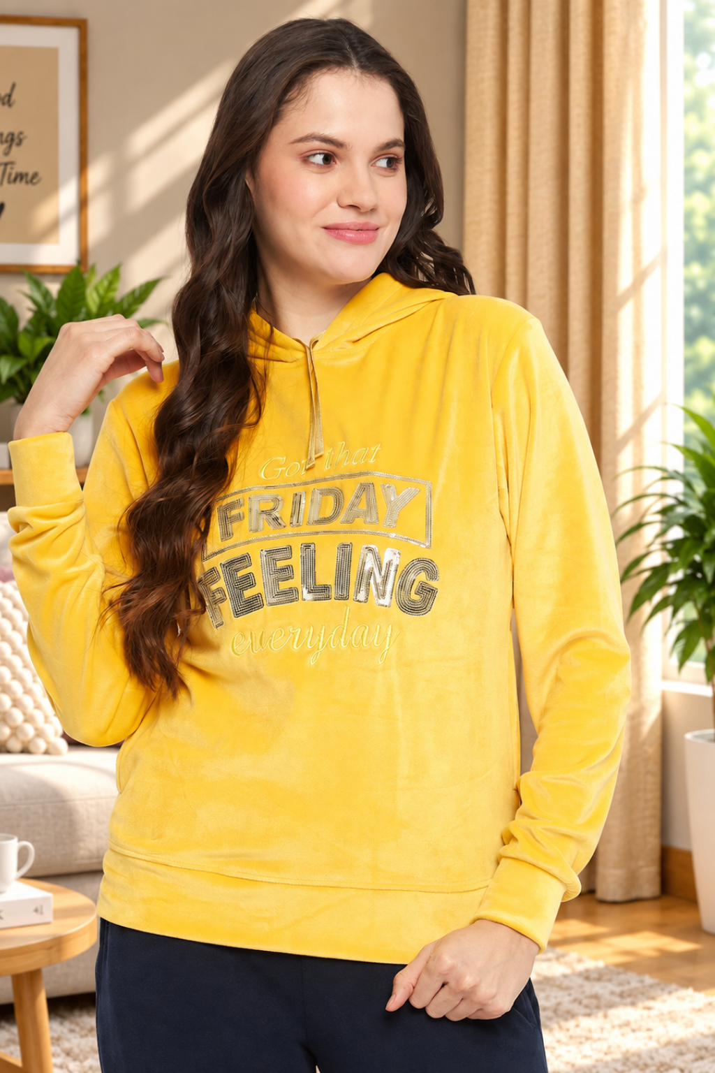 Women Solid Hooded Velvet Embroidered Winter Sweatshirt with 2 pockets