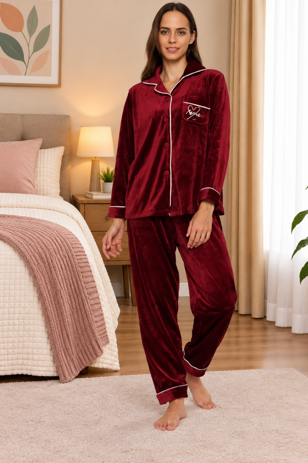 Women Winter Velvet Full Sleeve Shirt and Pajama Pants Regular Fit Night Suit Shirt collar Top and Pyjama Set Ladies Night Dress
