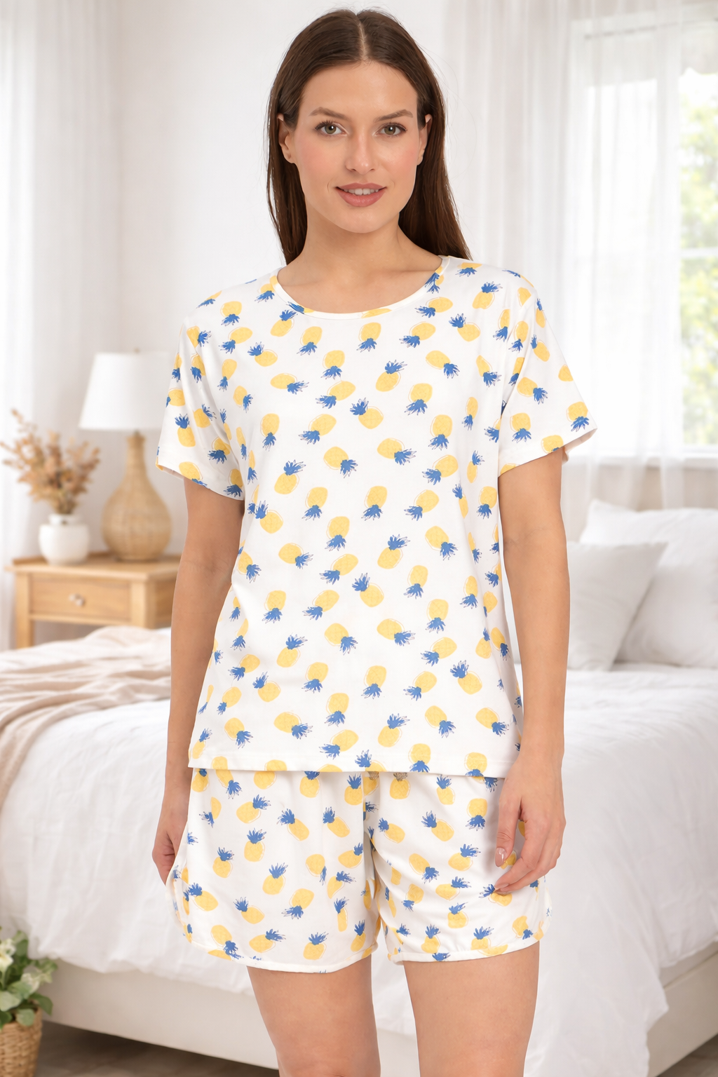 Camey Stylish Shorts Set – Summer Essentials for Women | Women's Printed Loungewear Set, White Yellow