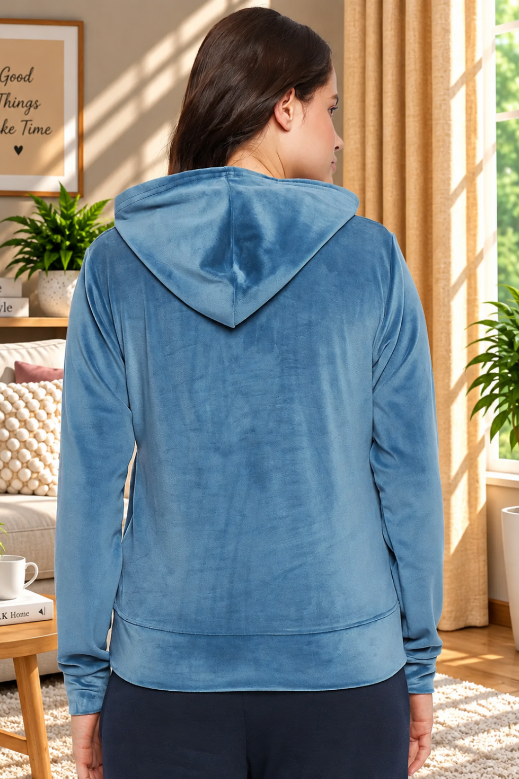 Women Solid Hooded Velvet Embroidered Winter Sweatshirt with 2 pockets