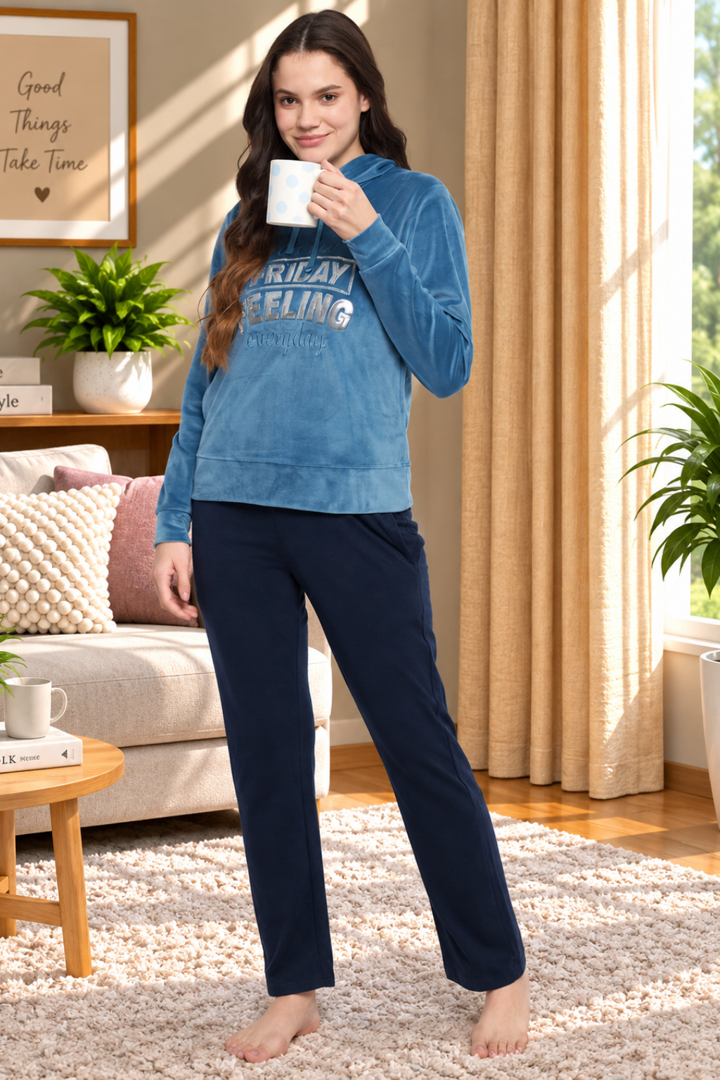 Women Solid Hooded Velvet Embroidered Winter Sweatshirt with 2 pockets