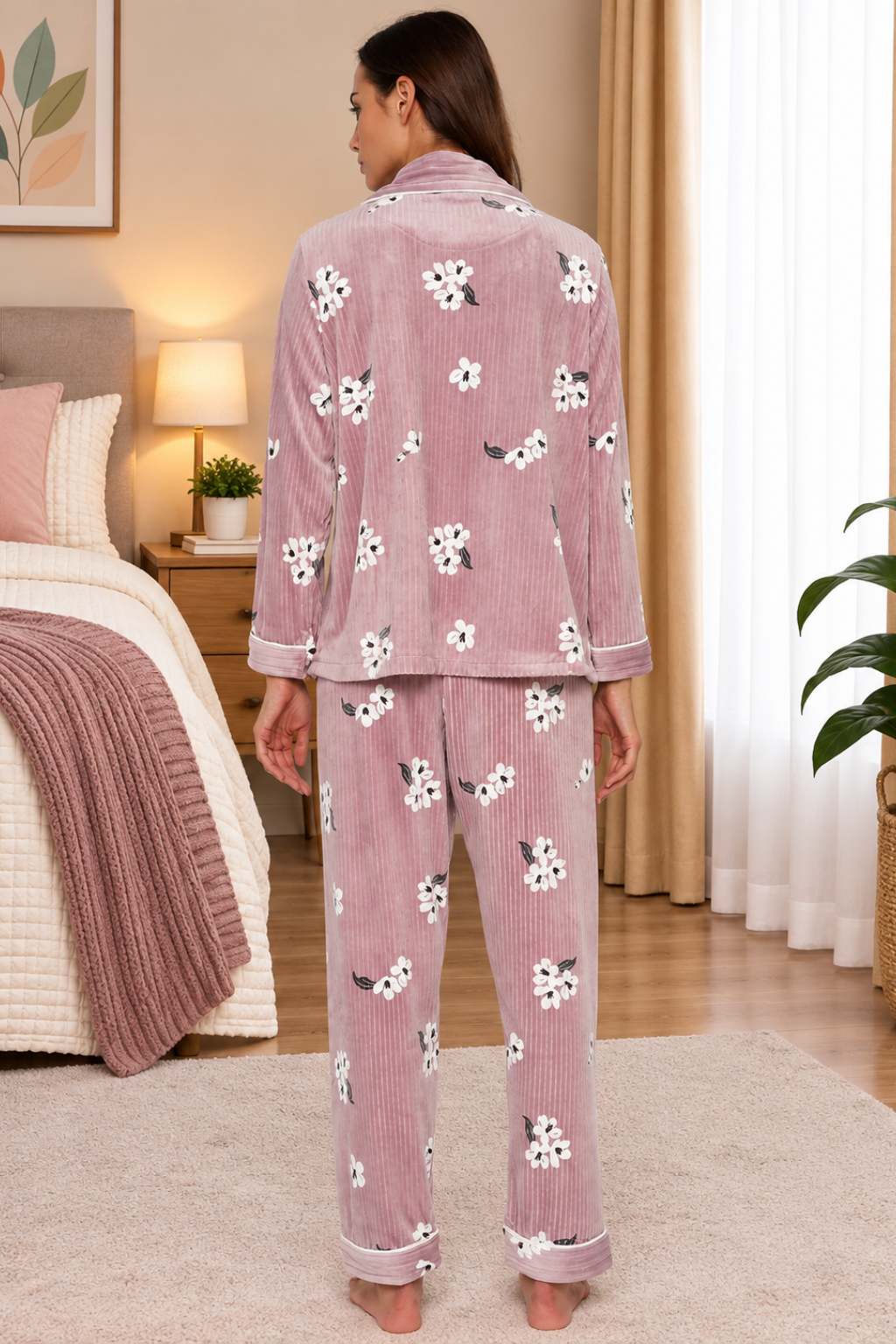 Women Winter Velvet Full Sleeve Shirt and Pajama Pants Regular Fit Night Suit Shirt collar Top and Pyjama Set Ladies Night Dress
