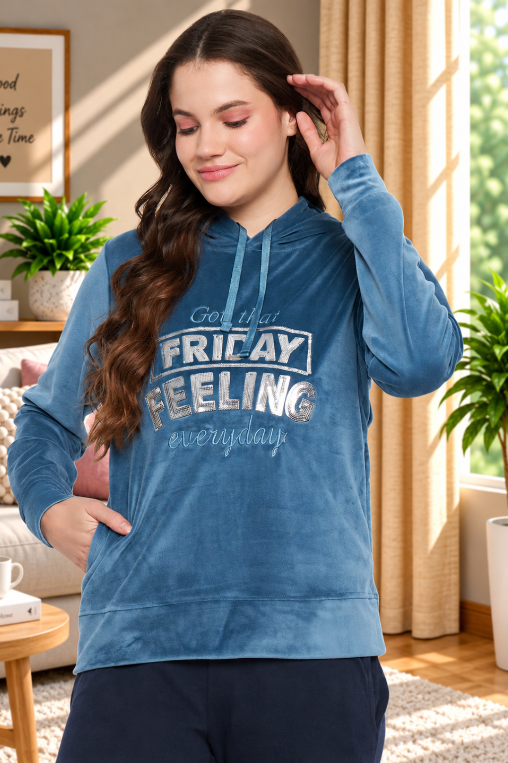 Women Solid Hooded Velvet Embroidered Winter Sweatshirt with 2 pockets