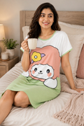 Women's Cute Cartoon Printed Knee Length Nighty | Soft Comfortable Loose Fit Short Sleeve Nighty for Women