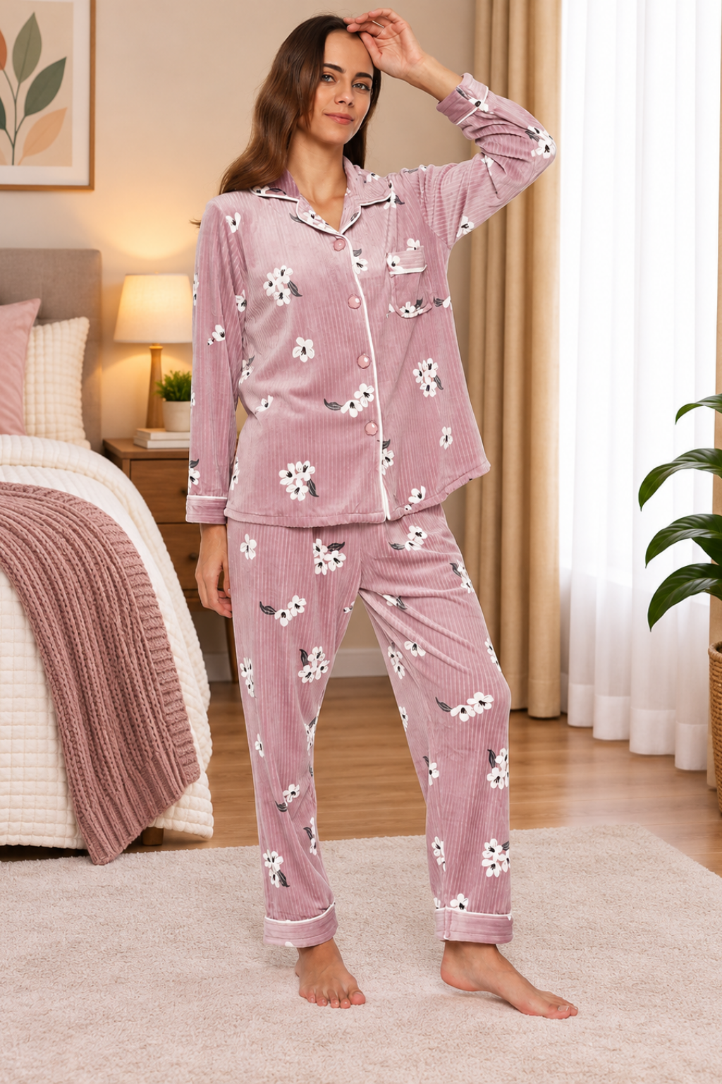 Women Winter Velvet Full Sleeve Shirt and Pajama Pants Regular Fit Night Suit Shirt collar Top and Pyjama Set Ladies Night Dress