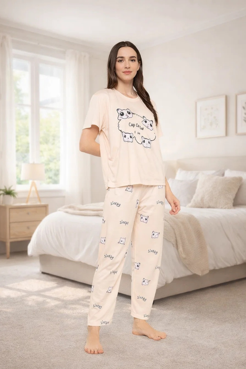 Camey Ladies Night Suit – Soft & Stylish Sleepwear for Women |Women's Printed Pyjama Set, Short Sleeve T-Shirt and Trousers, women nightsuit, Loungewear Set