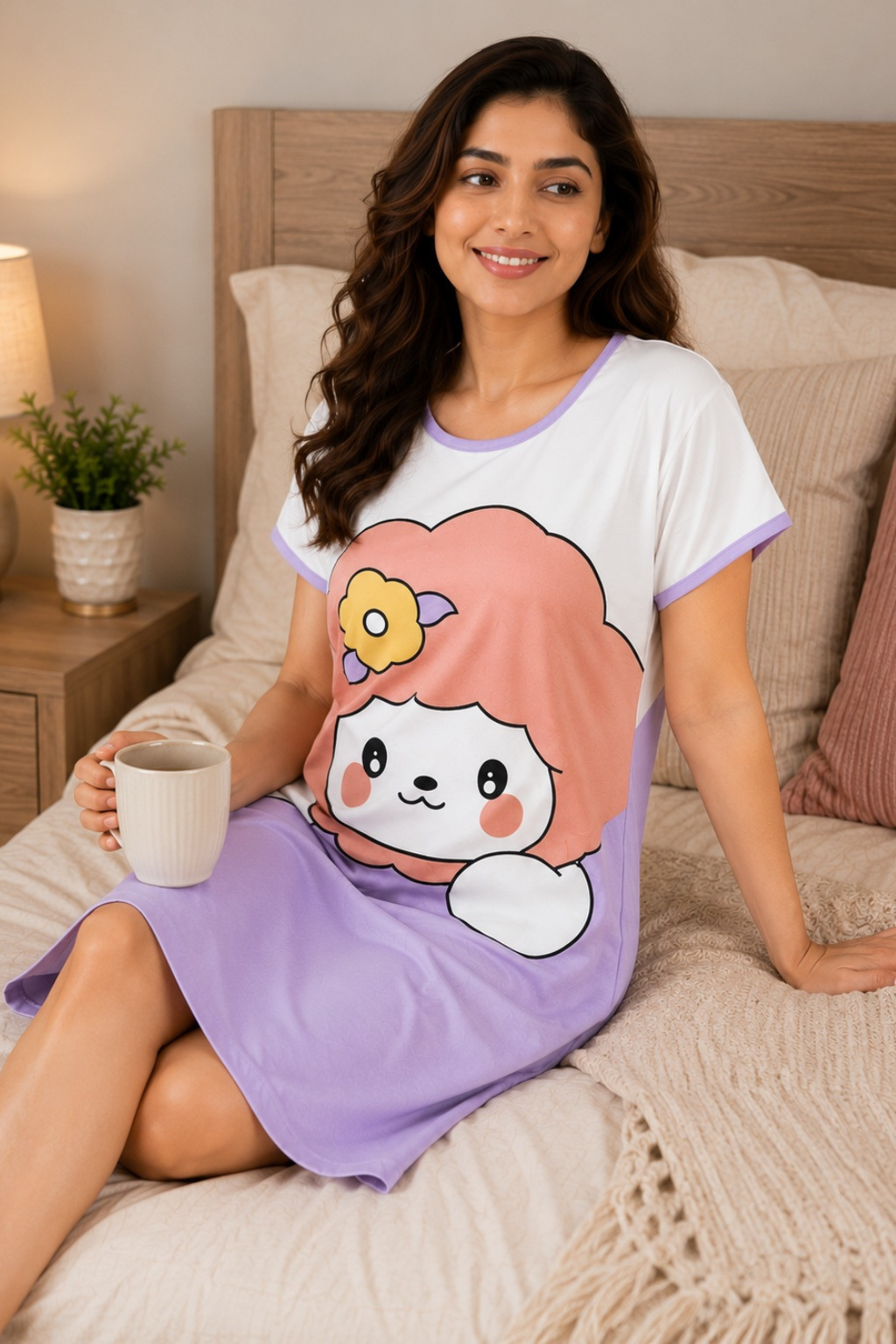 Women's Cute Cartoon Printed Knee Length Nighty | Soft Comfortable Loose Fit Short Sleeve Nighty for Women