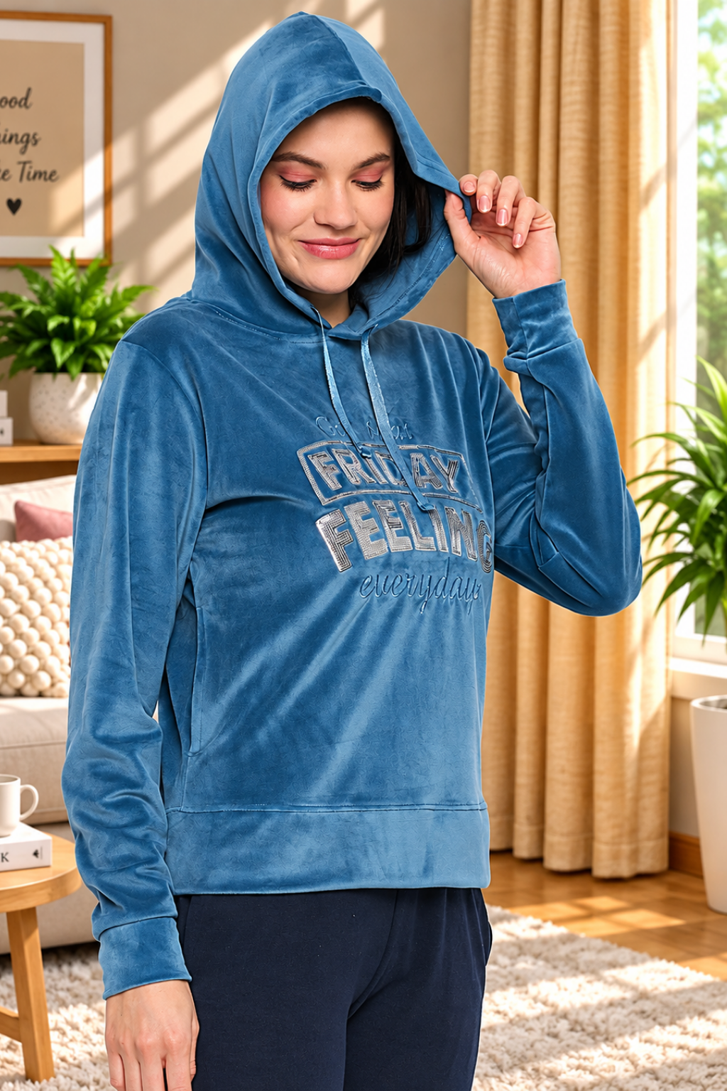 Women Solid Hooded Velvet Embroidered Winter Sweatshirt with 2 pockets