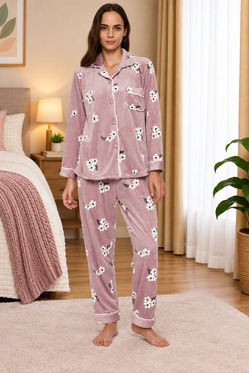Women Winter Velvet Full Sleeve Shirt and Pajama Pants Regular Fit Night Suit Shirt collar Top and Pyjama Set Ladies Night Dress