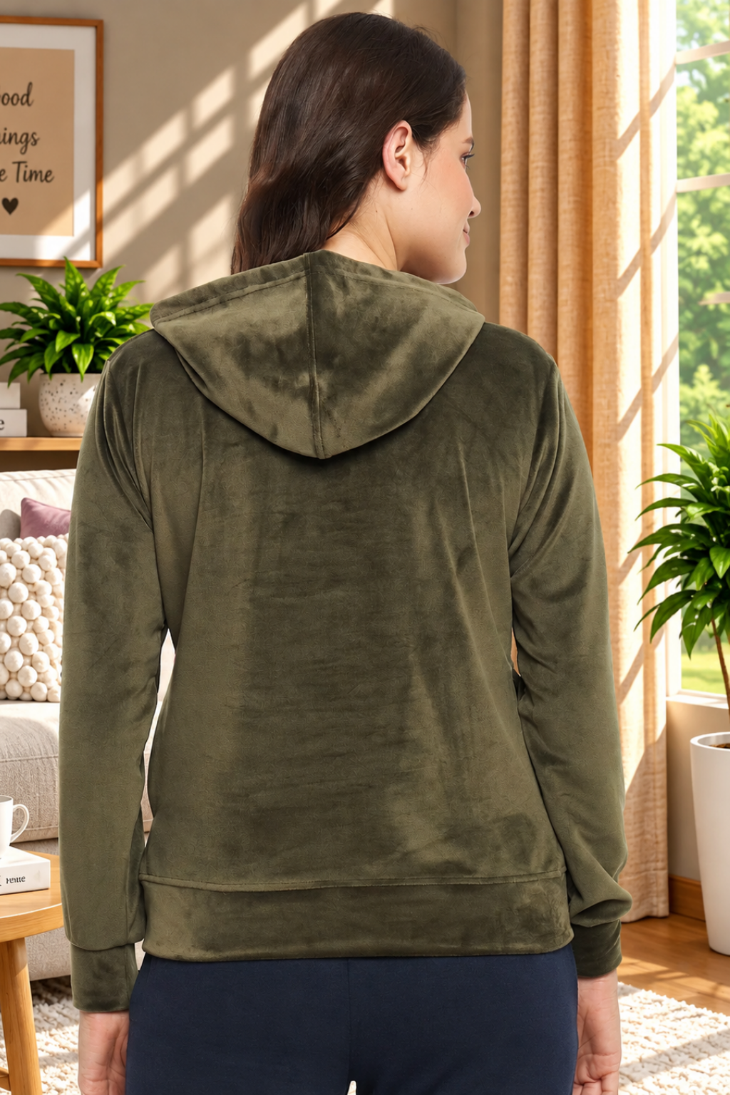 Women Solid Hooded Velvet Embroidered Winter Sweatshirt with 2 pockets