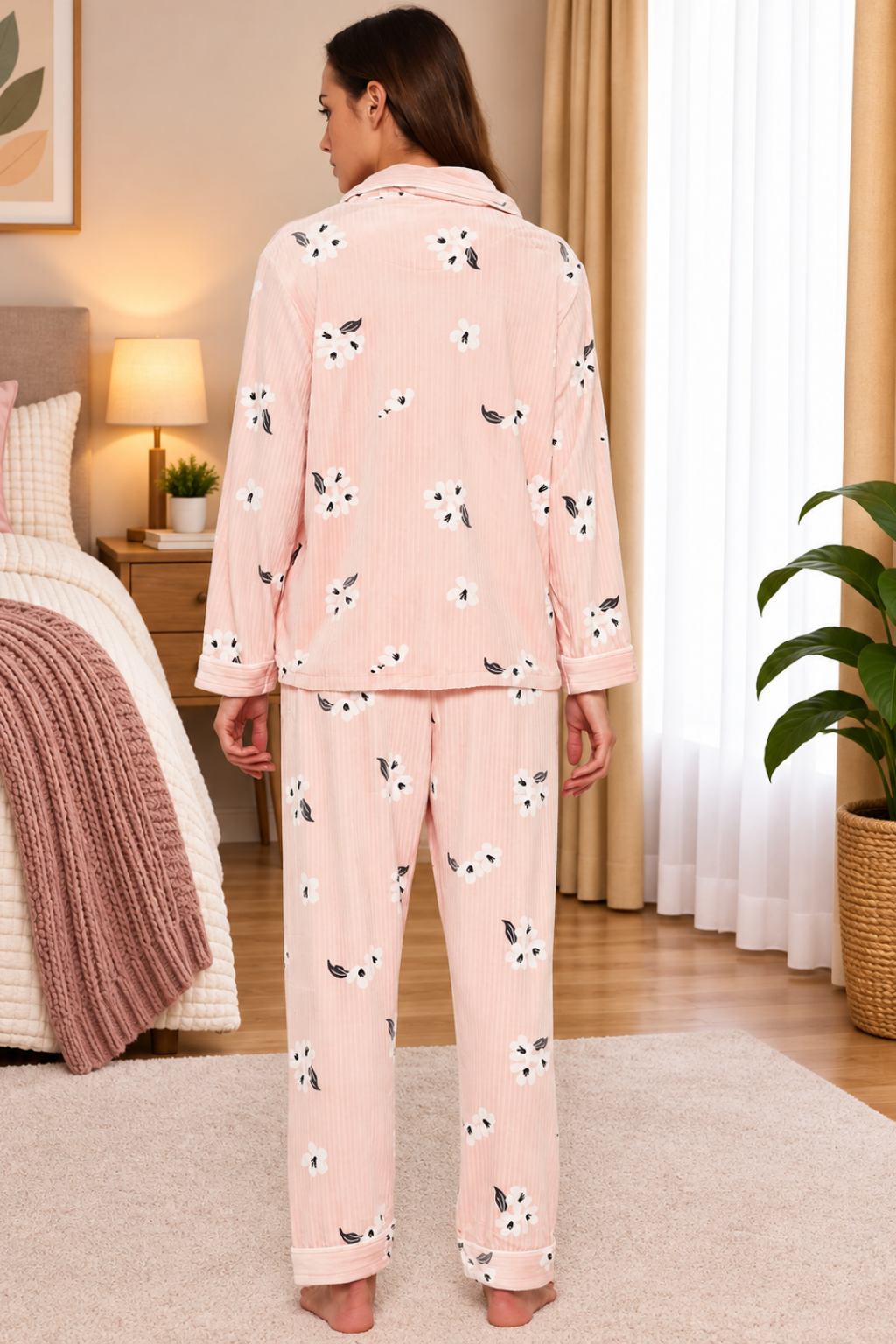 Women Winter Velvet Full Sleeve Shirt and Pajama Pants Regular Fit Night Suit Shirt collar Top and Pyjama Set Ladies Night Dress
