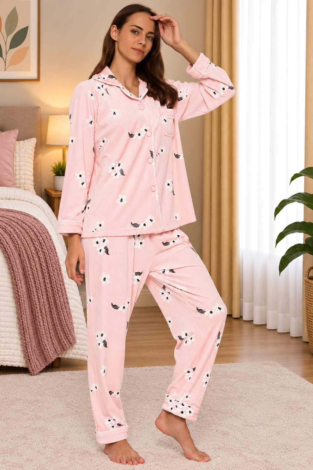 Women Winter Velvet Full Sleeve Shirt and Pajama Pants Regular Fit Night Suit Shirt collar Top and Pyjama Set Ladies Night Dress
