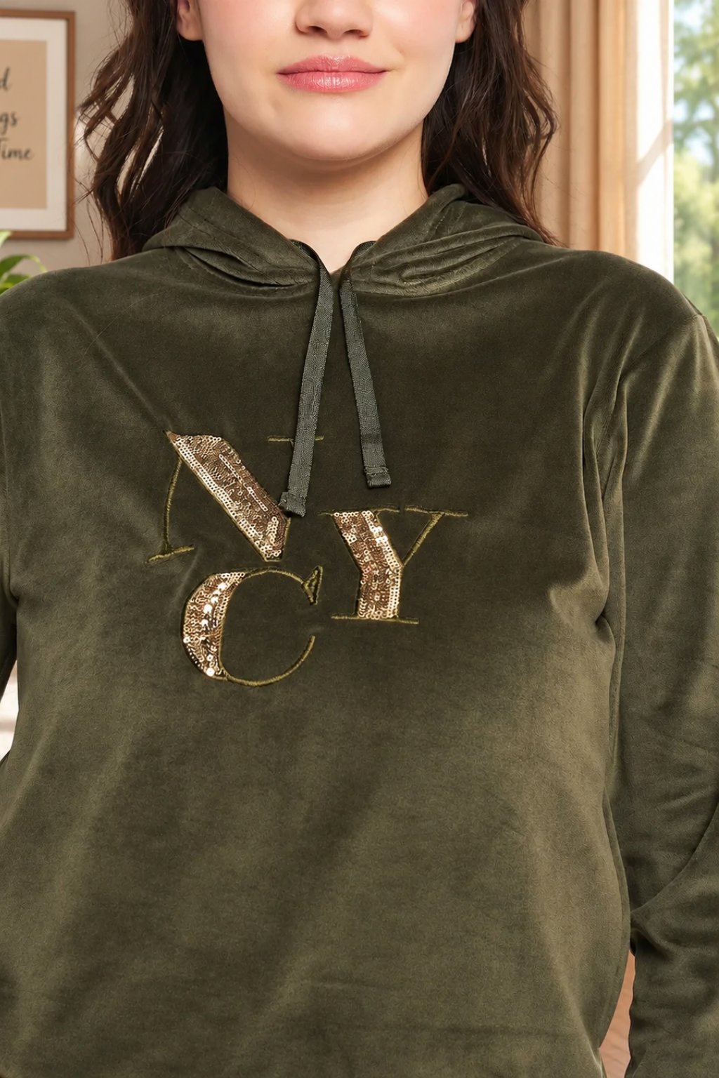 Women Solid Hooded Velvet Embroidered Winter Sweatshirt with 2 pockets