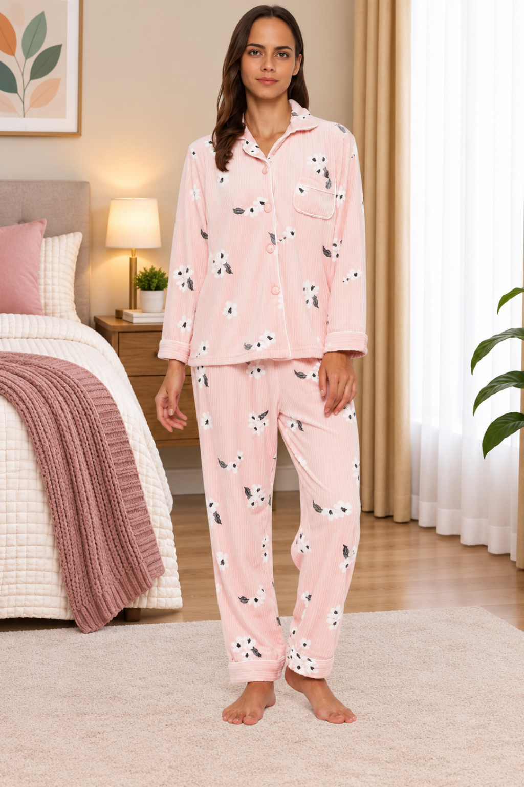 Women Winter Velvet Full Sleeve Shirt and Pajama Pants Regular Fit Night Suit Shirt collar Top and Pyjama Set Ladies Night Dress