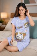 Women's Cute Cartoon Printed Knee Length Nighty | Soft Comfortable Loose Fit Short Sleeve Nighty for Women