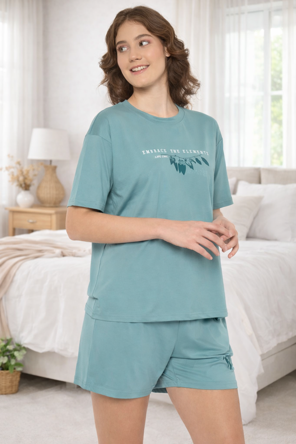 Camey Co-ord Shorts Set – Lightweight & Stylish for Women | Women's Cotton Loungewear Set, Short Sleeve T-Shirt and Shorts, Teal