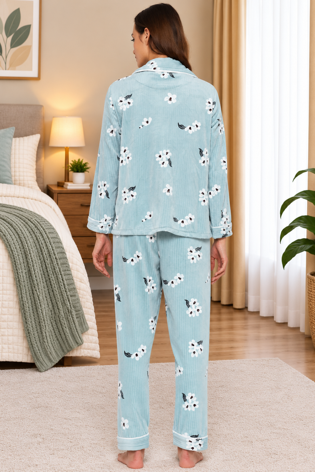 Women Winter Night Suit Velvet Full Sleeve Shirt and Pajama Pants Regular Fit Shirt collar Top and Pyjama Set