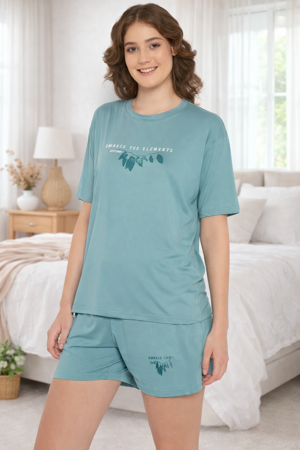Camey Co-ord Shorts Set – Lightweight & Stylish for Women | Women's Cotton Loungewear Set, Short Sleeve T-Shirt and Shorts, Teal