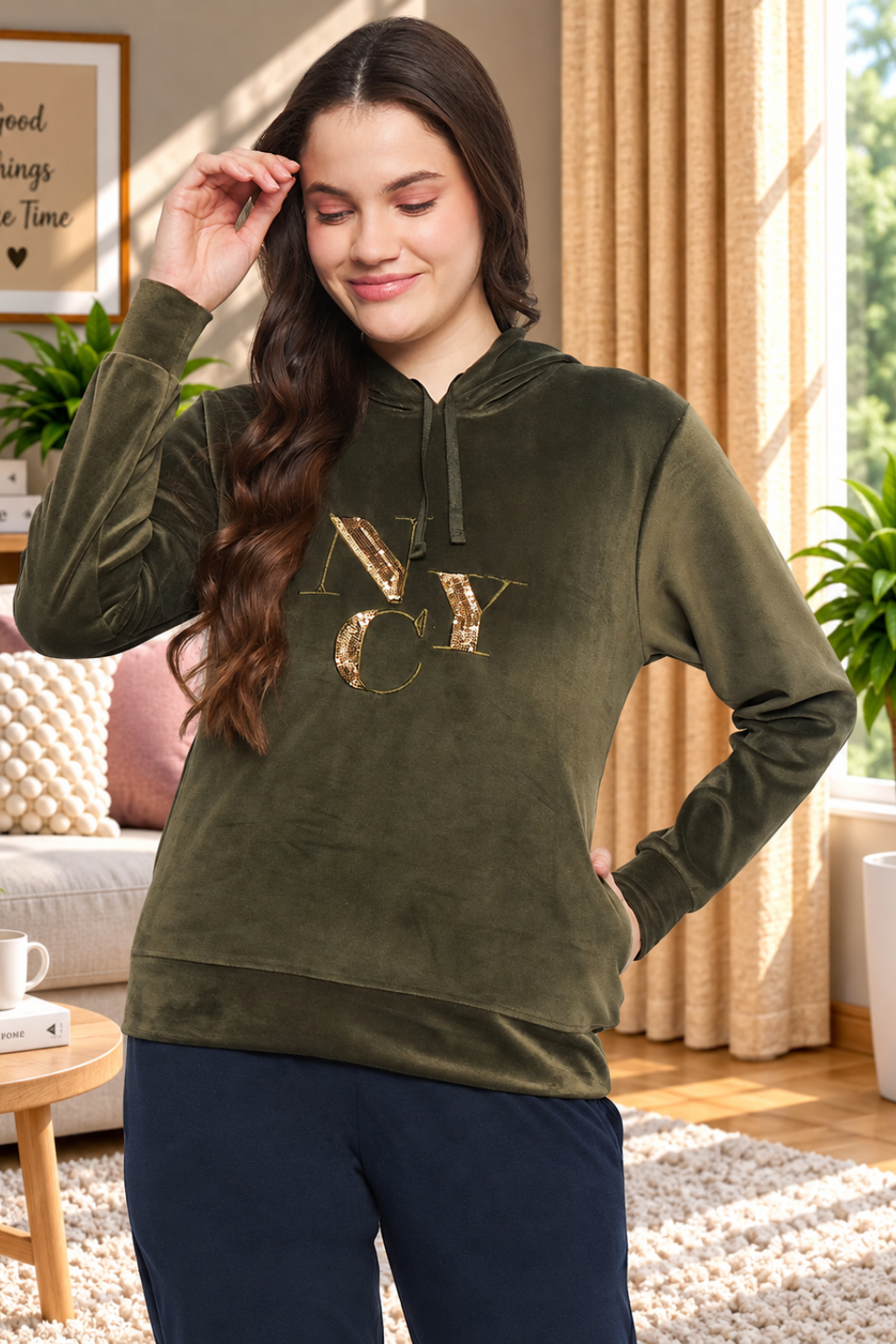 Women Solid Hooded Velvet Embroidered Winter Sweatshirt with 2 pockets
