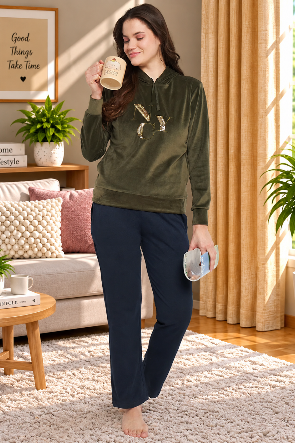 Women Solid Hooded Velvet Embroidered Winter Sweatshirt with 2 pockets