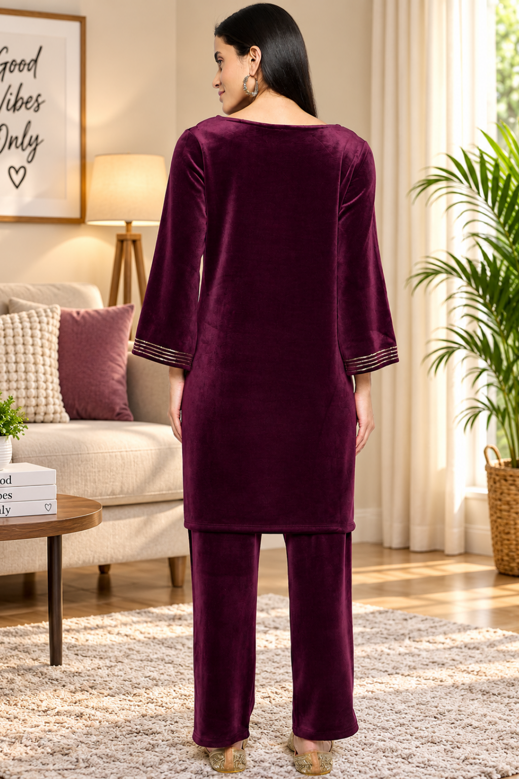 Women's Velvet Winter Kurti Set, Long Sleeves|Winter Velvet Kurti & Pajama Set
