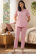 Women's Printed Nightsuit Pajama Set, Short Sleeve Button-Down Top with Pants, Cotton Nightwear, D.Pink