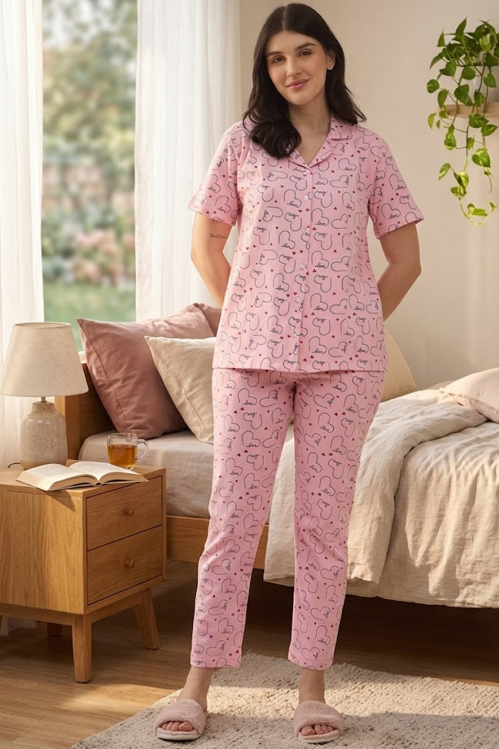 Women's Printed Nightsuit Pajama Set, Short Sleeve Button-Down Top with Pants, Cotton Nightwear, D.Pink