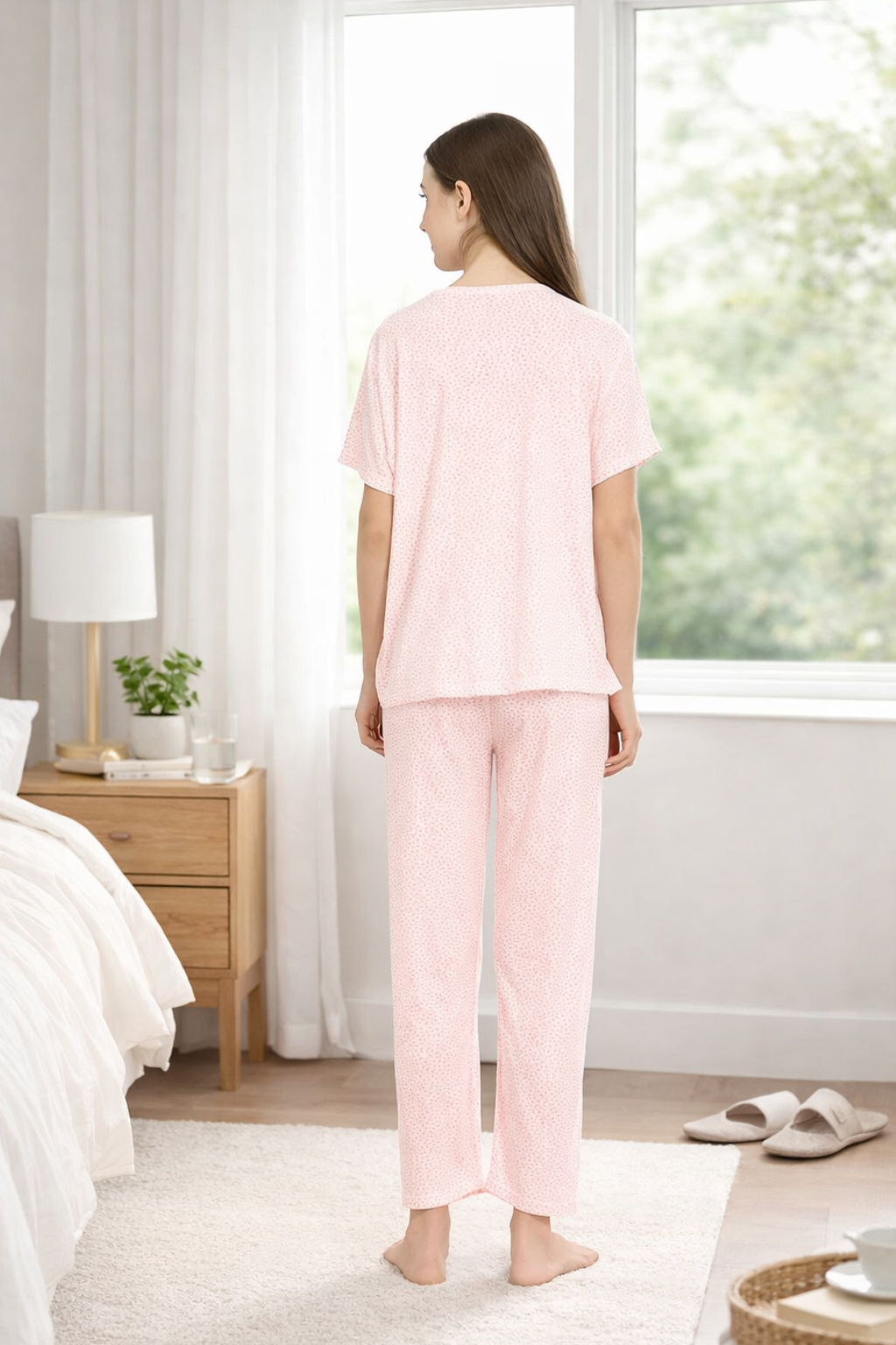 Women Night Suit Pink Polka Dot Printed Pyjama Set | Soft Viscose Night Suit for Women