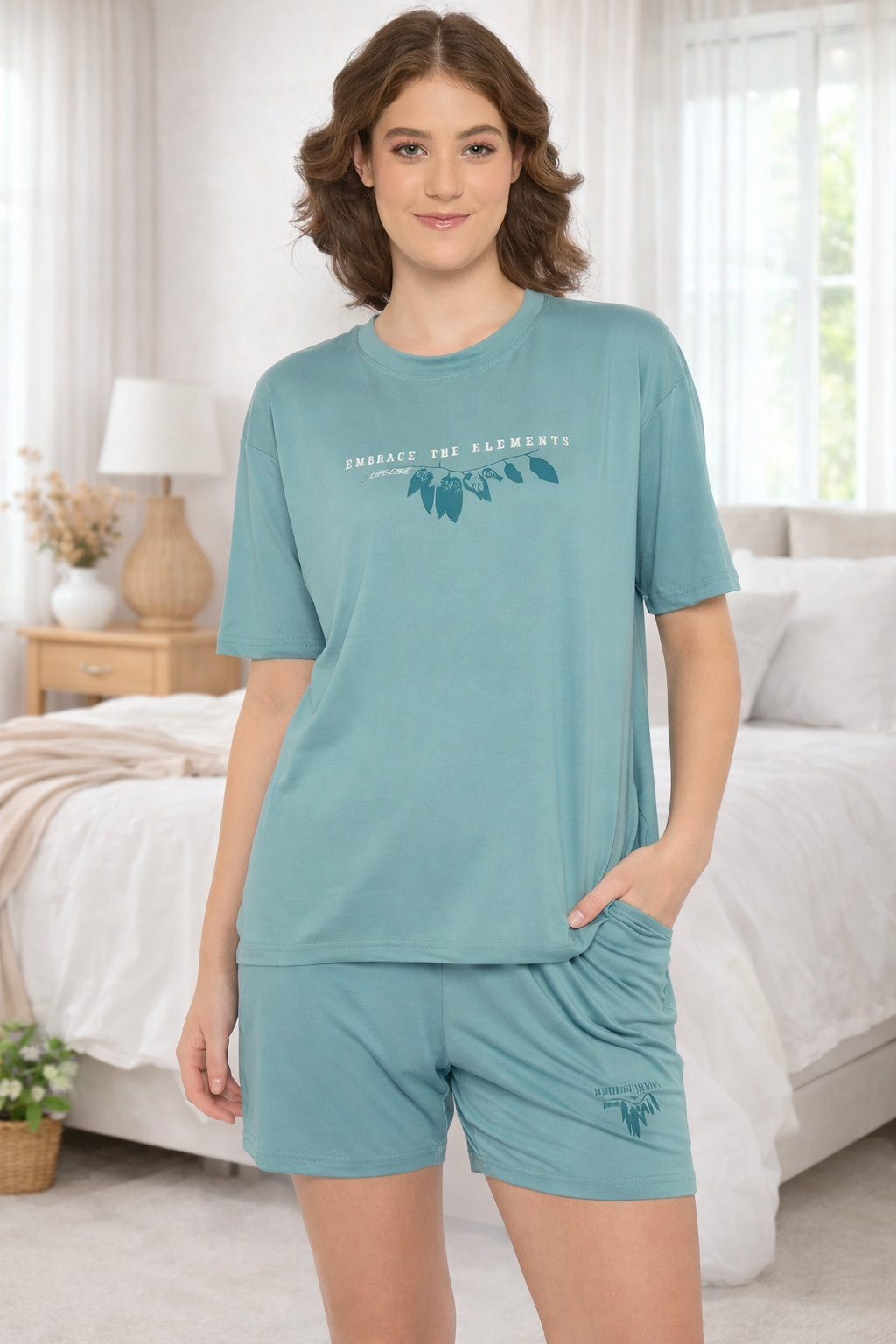 Camey Co-ord Shorts Set – Lightweight & Stylish for Women | Women's Cotton Loungewear Set, Short Sleeve T-Shirt and Shorts, Teal
