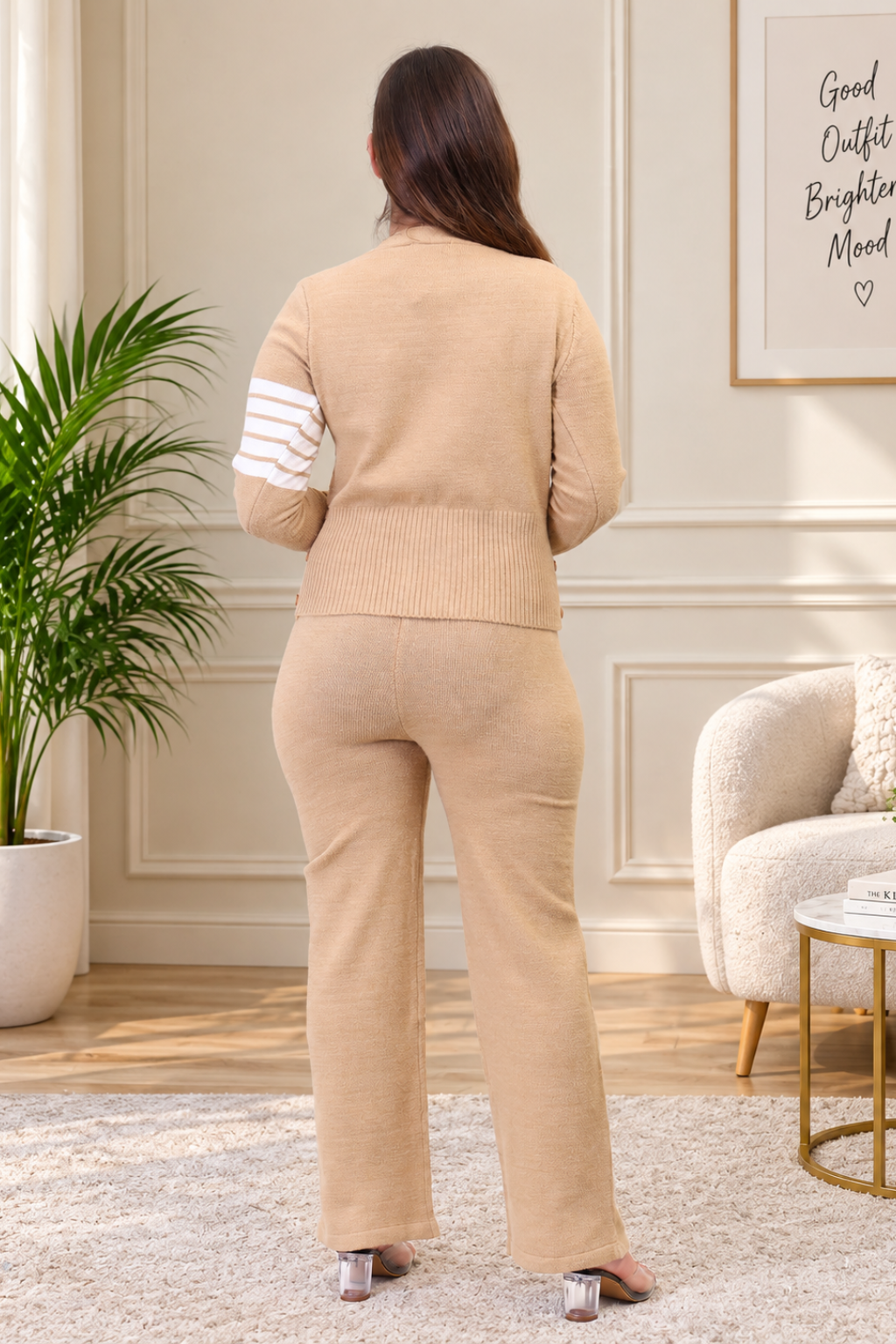 Women's Long Sleeve V-Neck open Button woolen Khaki Co-Ord Set