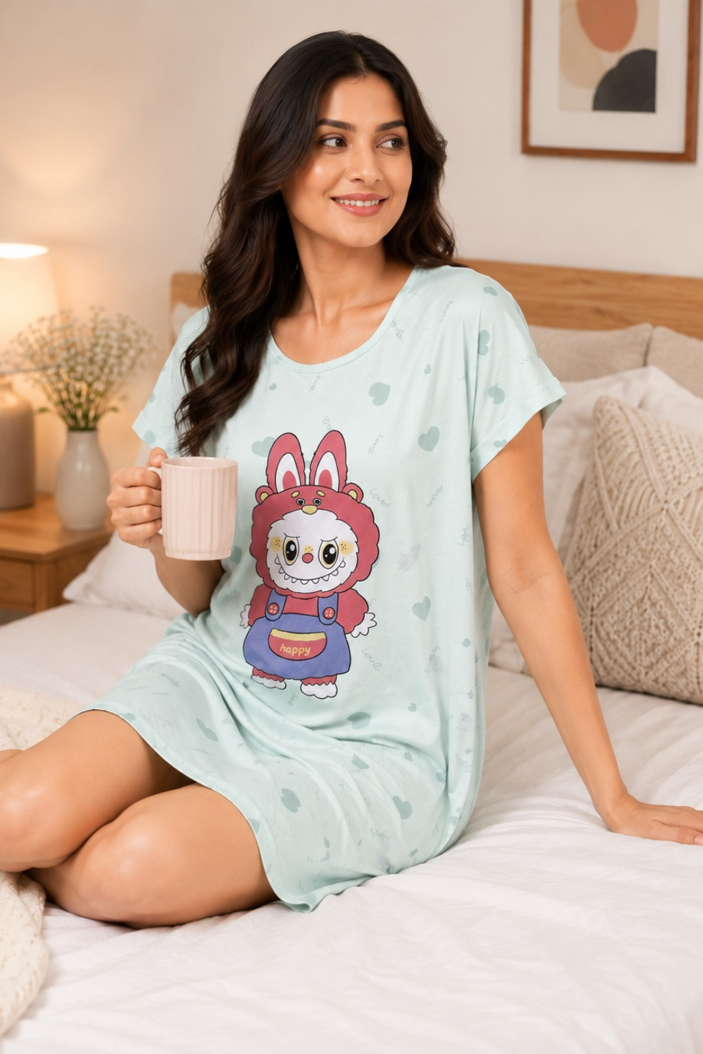 Women's Cute Cartoon Printed Knee Length Nighty | Soft Comfortable Loose Fit Short Sleeve Nighty for Women